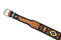 Western Style Beaded and Tooled Leather Dog Collar With Padded Soft Lining 10AB025