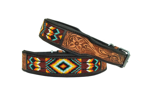 Western Style Beaded and Tooled Leather Dog Collar With Padded Soft Lining 10AB025