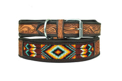 Western Style Beaded and Tooled Leather Dog Collar With Padded Soft Lining 10AB025