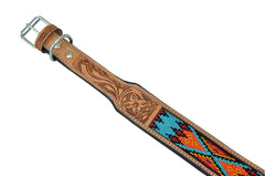 Western Style Beaded and Tooled Leather Dog Collar With Padded Soft Lining 10AB027