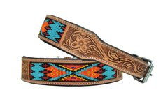 Western Style Beaded and Tooled Leather Dog Collar With Padded Soft Lining 10AB027