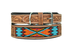 Western Style Beaded and Tooled Leather Dog Collar With Padded Soft Lining 10AB027