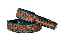 Western Style Hand Tooled Hand Finished Leather Dog Collar With Padded Soft Lining 10AB103