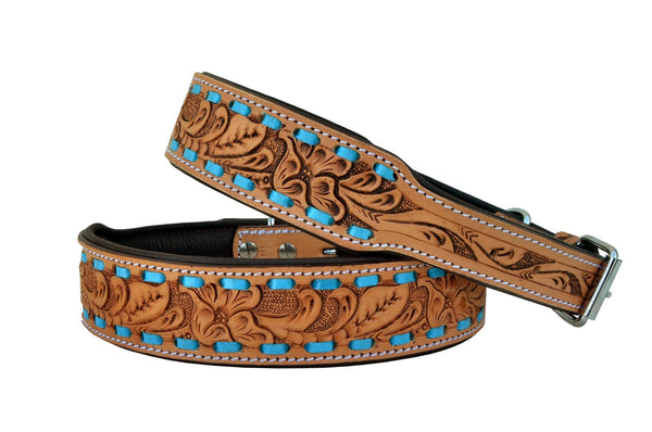 Western Style Hand Tooled Hand Finished Leather Dog Collar With Padded Soft Lining 10AB106