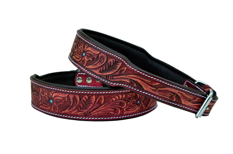 Western Style Hand Tooled Hand Finished Leather Dog Collar With Padded Soft Lining 10AB107