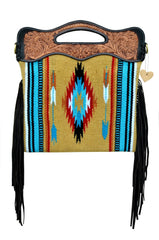 Personalizable Genuine Leather and Saddle Blanket Shoulder Bag with Hand Tooled Strap and Hand tooled Handle 20AB003