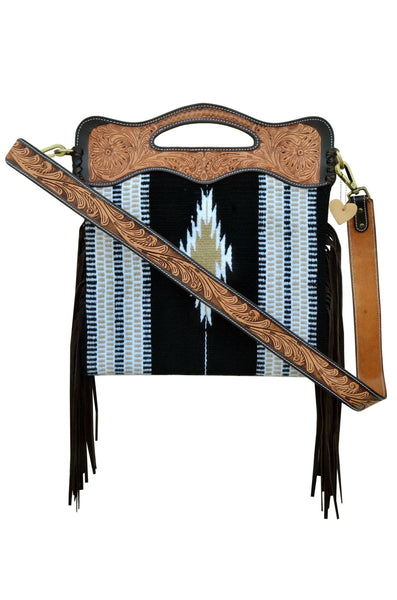 Personalizable Genuine Leather and Saddle Blanket Shoulder Bag with Hand Tooled Strap and Hand tooled Handle 20AB006