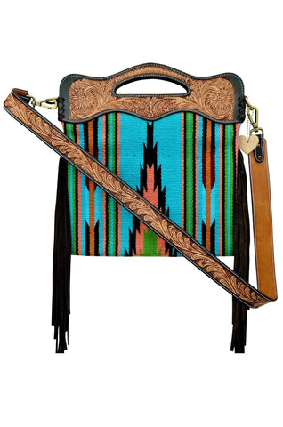 Personalizable Genuine Leather and Saddle Blanket Shoulder Bag with Hand Tooled Strap and Hand tooled Handle 20AB001