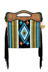 Personalizable Genuine Leather and Saddle Blanket Shoulder Bag with Hand Tooled Strap and Hand tooled Handle 20AB010