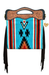 Personalizable Genuine Leather and Saddle Blanket Shoulder Bag with Hand Tooled Strap and Hand tooled Handle 20AB009