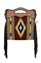 Personalizable Genuine Leather and Saddle Blanket Shoulder Bag with Hand Tooled Strap and Hand tooled Handle 20AB008