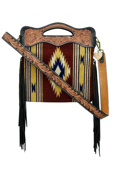 Personalizable Genuine Leather and Saddle Blanket Shoulder Bag with Hand Tooled Strap and Hand tooled Handle 20AB008