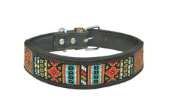 Western Style Beaded and Tooled Leather Dog Collar With Padded Soft Lining 10AB024