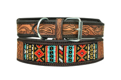 Western Style Beaded and Tooled Leather Dog Collar With Padded Soft Lining 10AB024