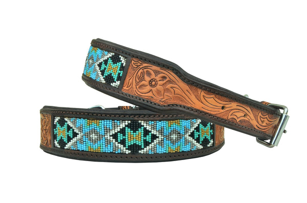 Western Style Beaded and Tooled Leather Dog Collar With Padded Soft Lining 10AB026