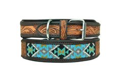 Western Style Beaded and Tooled Leather Dog Collar With Padded Soft Lining 10AB026