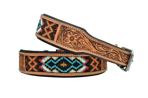 Western Style Beaded and Tooled Leather Dog Collar With Padded Soft Lining 10AB028