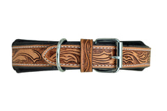 Western Style Beaded and Tooled Leather Dog Collar With Padded Soft Lining 10AB028