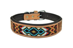 Western Style Beaded and Tooled Leather Dog Collar With Padded Soft Lining 10AB028