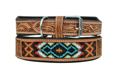 Western Style Beaded and Tooled Leather Dog Collar With Padded Soft Lining 10AB028