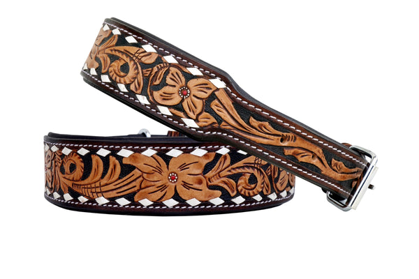 Western Style Hand Tooled Hand Finished Leather Dog Collar With Padded Soft Lining 10AB112