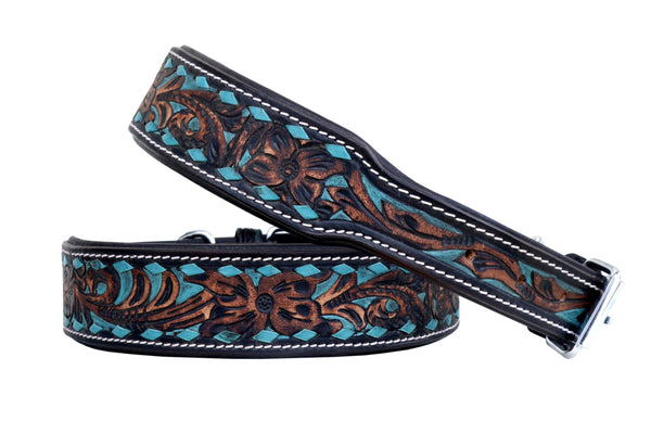 Western Style Hand Tooled Hand Finished Leather Dog Collar With Padded Soft Lining 10AB113