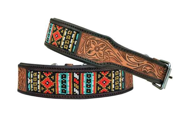 Western Style Beaded and Tooled Leather Dog Collar With Padded Soft Lining 10AB024