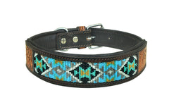 Western Style Beaded and Tooled Leather Dog Collar With Padded Soft Lining 10AB026