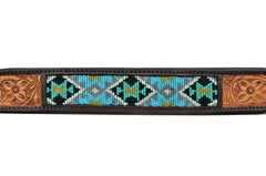 Western Style Beaded and Tooled Leather Dog Collar With Padded Soft Lining 10AB026