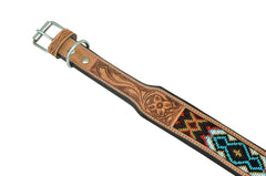 Western Style Beaded and Tooled Leather Dog Collar With Padded Soft Lining 10AB028