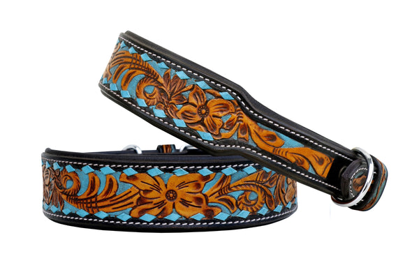 Western Style Hand Tooled Hand Finished Leather Dog Collar With Padded Soft Lining 10AB110