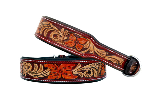 Western Style Hand Tooled Hand Finished Leather Dog Collar With Padded Soft Lining 10AB111