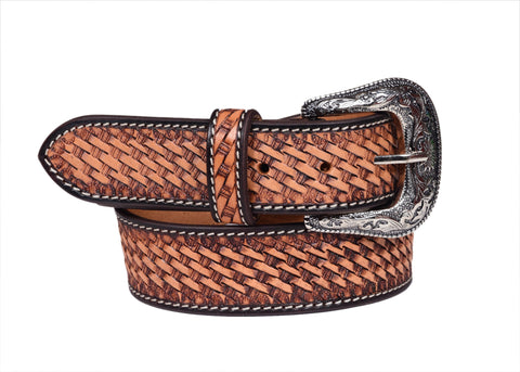 Genuine Leather Western Hand Tooled Heavy Duty Basket Weave design Belt with Removable Buckle 30WE002