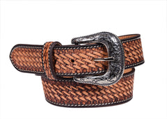 Genuine Leather Western Hand Tooled Heavy Duty Basket Weave design Belt with Removable Buckle 30WE002