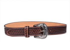 Genuine Leather Western Hand Tooled and Hand Finished Basket Weave  design Heavy Duty Belt  with Removable Buckle AF30WE003