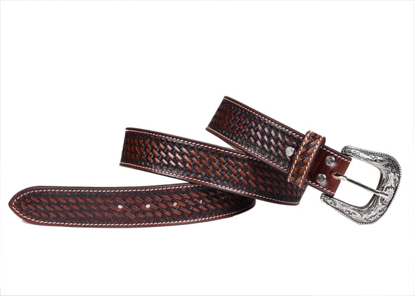 Genuine Leather Western Hand Tooled and Hand Finished Basket Weave  design Heavy Duty Belt  with Removable Buckle AF30WE003