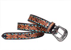 Hand Tooled Western Belt Genuine Leather Belt Floral Design Heavy Duty with Removable Buckle 30WE004