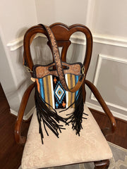 Personalizable Genuine Leather and Saddle Blanket Shoulder Bag with Hand Tooled Strap and Hand tooled Handle 20AB010