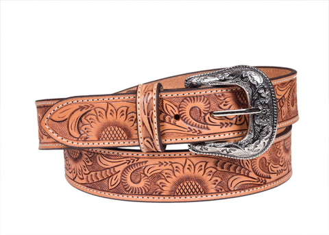 Genuine Leather Western Hand Tooled and Hand Painted Sun Flower design Floral Belt  with Removable Buckle 30WE001