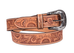 Genuine Leather Western Hand Tooled and Hand Painted Sun Flower design Floral Belt  with Removable Buckle 30WE001