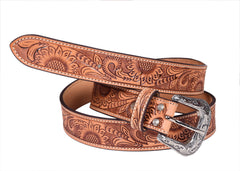 Genuine Leather Western Hand Tooled and Hand Painted Sun Flower design Floral Belt  with Removable Buckle 30WE001