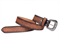 Genuine Leather Western Hand Tooled Heavy Duty Basket Weave design Belt with Removable Buckle 30WE002