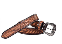 Genuine Leather Western Hand Tooled Heavy Duty Basket Weave design Belt with Removable Buckle 30WE002