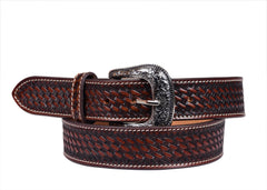 Genuine Leather Western Hand Tooled and Hand Finished Basket Weave  design Heavy Duty Belt  with Removable Buckle AF30WE003