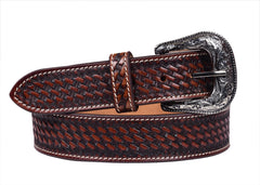 Genuine Leather Western Hand Tooled and Hand Finished Basket Weave  design Heavy Duty Belt  with Removable Buckle AF30WE003