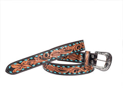 Hand Tooled Western Belt Genuine Leather Belt Floral Design Heavy Duty with Removable Buckle 30WE004