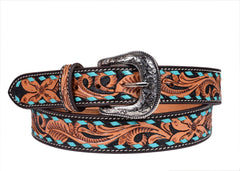 Hand Tooled Western Belt Genuine Leather Belt Floral Design Heavy Duty with Removable Buckle 30WE004