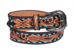 Hand Tooled Western Belt Genuine Leather Belt Floral Design Heavy Duty with Removable Buckle 30WE004