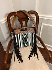 Personalizable Genuine Leather and Saddle Blanket Shoulder Bag with Hand Tooled Strap and Hand tooled Handle o20AB005