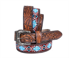 Personalizable Handmade Western Rodeo Heavy Duty Beaded Full-Grain Leather Belt Unisex with Removable Buckle  30HQ101